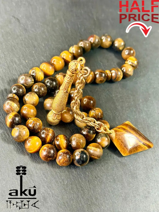 Tigerauge Tasbih, natuerliches Stein, islamisches Misbaha, goldene Quaste