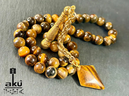 Tigerauge Tasbih, natuerliches Stein, islamisches Misbaha, goldene Quaste