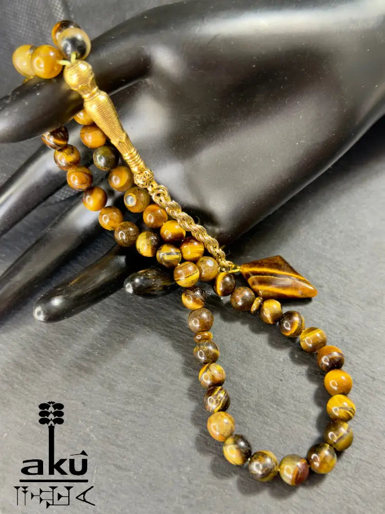 Tigerauge Tasbih, natuerliches Stein, islamisches Misbaha, goldene Quaste