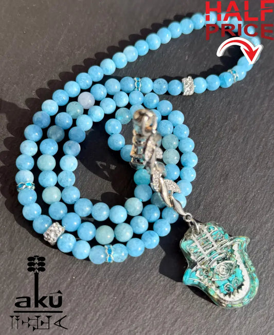 Tuerkis Anhaenger Tasbih 99, Apetitstein mit Hamsa, islamisches Misbaha, Halschakraenergie