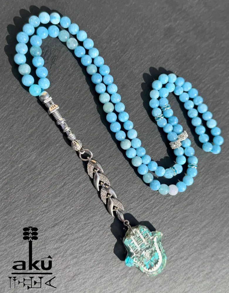 Tuerkis Anhaenger Tasbih 99, Apetitstein mit Hamsa, islamisches Misbaha, Halschakraenergie