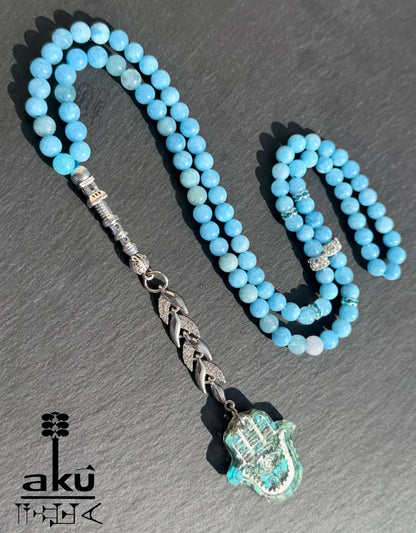 Tuerkis Anhaenger Tasbih 99, Apetitstein mit Hamsa, islamisches Misbaha, Halschakraenergie