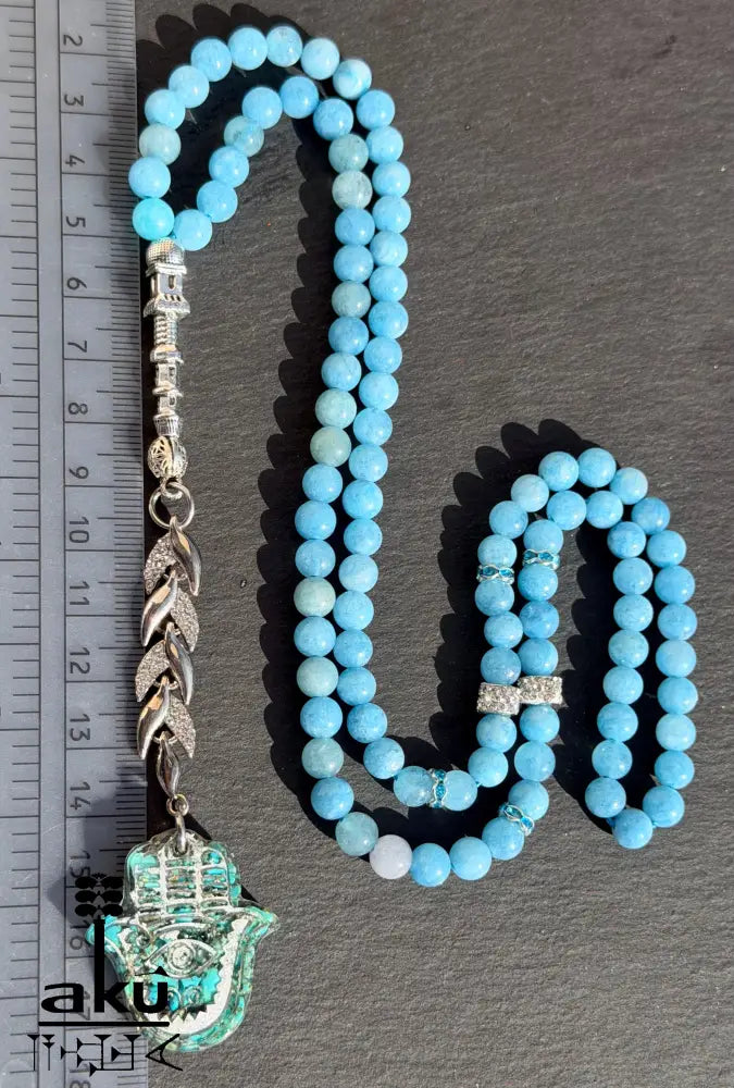 Tuerkis Anhaenger Tasbih 99, Apetitstein mit Hamsa, islamisches Misbaha, Halschakraenergie