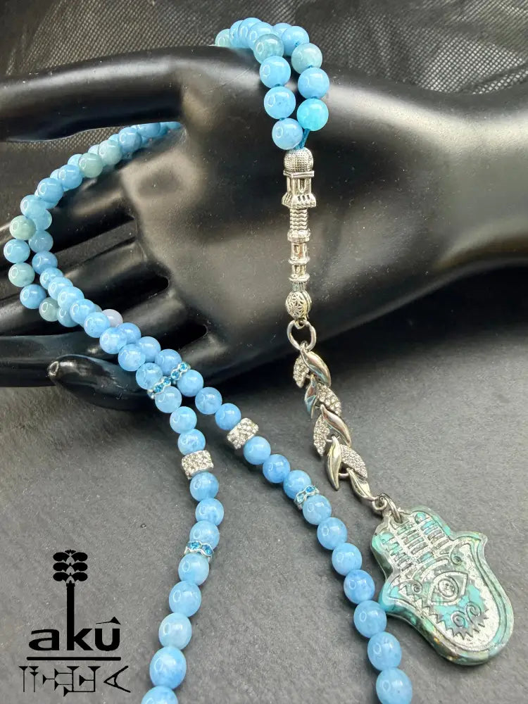 Tuerkis Anhaenger Tasbih 99, Apetitstein mit Hamsa, islamisches Misbaha, Halschakraenergie