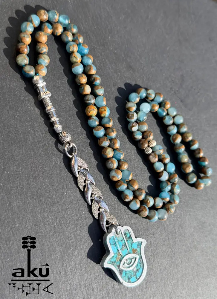 Tuerkis Anhaenger Tasbih 99 blaustein mit Hamsa islamisches Misbaha Halschakra Energie Tasbih