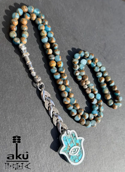 Tuerkis Anhaenger Tasbih 99 blaustein mit Hamsa islamisches Misbaha Halschakra Energie Tasbih