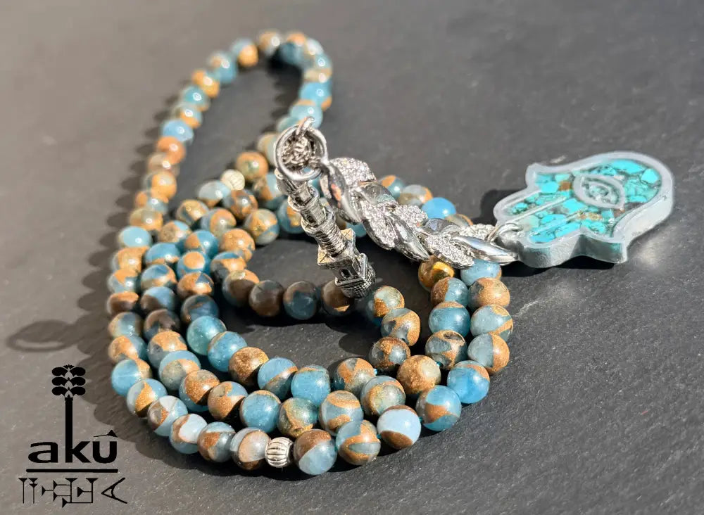 Tuerkis Anhaenger Tasbih 99 blaustein mit Hamsa islamisches Misbaha Halschakra Energie Tasbih