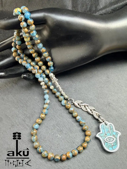 Tuerkis Anhaenger Tasbih 99 blaustein mit Hamsa islamisches Misbaha Halschakra Energie Tasbih