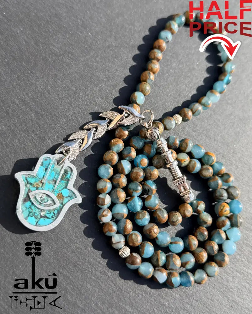Tuerkis Anhaenger Tasbih 99 blaustein mit Hamsa islamisches Misbaha Halschakra Energie Tasbih