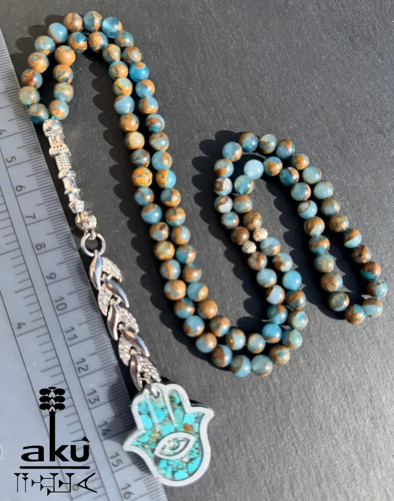 Tuerkis Anhaenger Tasbih 99 blaustein mit Hamsa islamisches Misbaha Halschakra Energie Tasbih