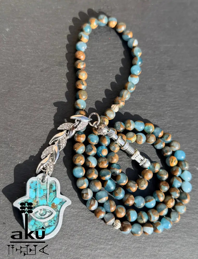 Tuerkis Anhaenger Tasbih 99 blaustein mit Hamsa islamisches Misbaha Halschakra Energie Tasbih