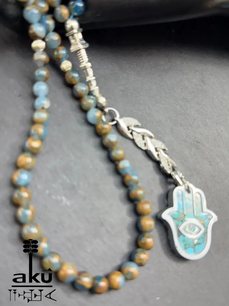Tuerkis Anhaenger Tasbih 99 blaustein mit Hamsa islamisches Misbaha Halschakra Energie Tasbih