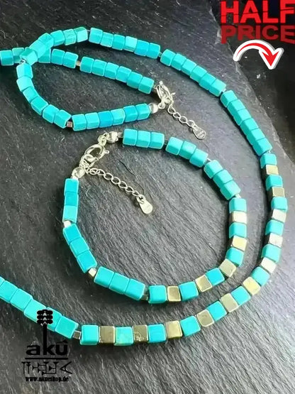 Türkis Howlith & Perit Schmuckset; Halskette und Armband, 925er Silber, Halschakra meditationenergie - AkueShop
