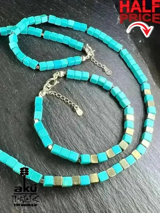 Türkis Howlith & Perit Schmuckset; Halskette und Armband, 925er Silber, Halschakra meditationenergie - AkueShop