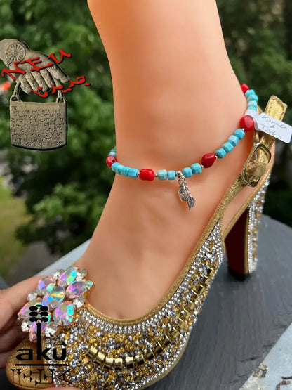 Edelstein Fußkette, Türkisblau Hawlett und Koralle Fußkette natürliche Edelstein 925er Silber Fußkette, AkueShop