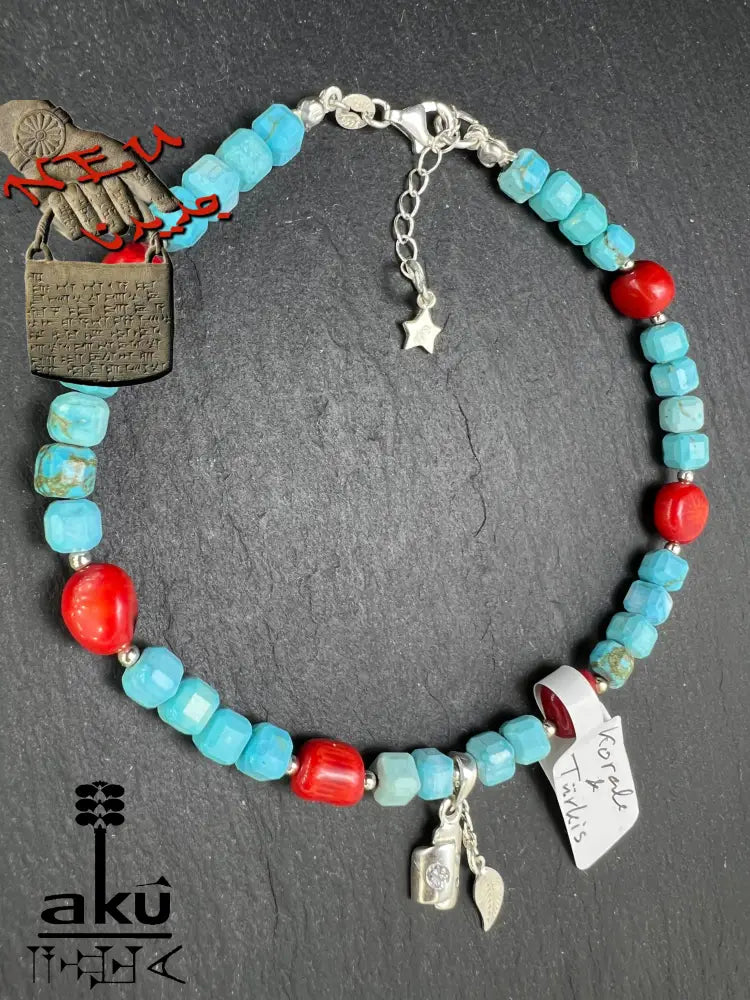 Edelstein Fußkette, Türkisblau Hawlett und Koralle Fußkette natürliche Edelstein 925er Silber Fußkette, AkueShop