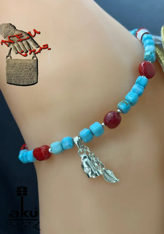 Edelstein Fußkette, Türkisblau Hawlett und Koralle Fußkette natürliche Edelstein 925er Silber Fußkette, AkueShop