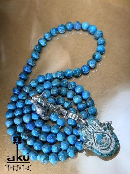 Tuerkis Tasbih 99, Hamsa, islamisches Misbaha, 925er Silbere Quaste Halschakraenergie