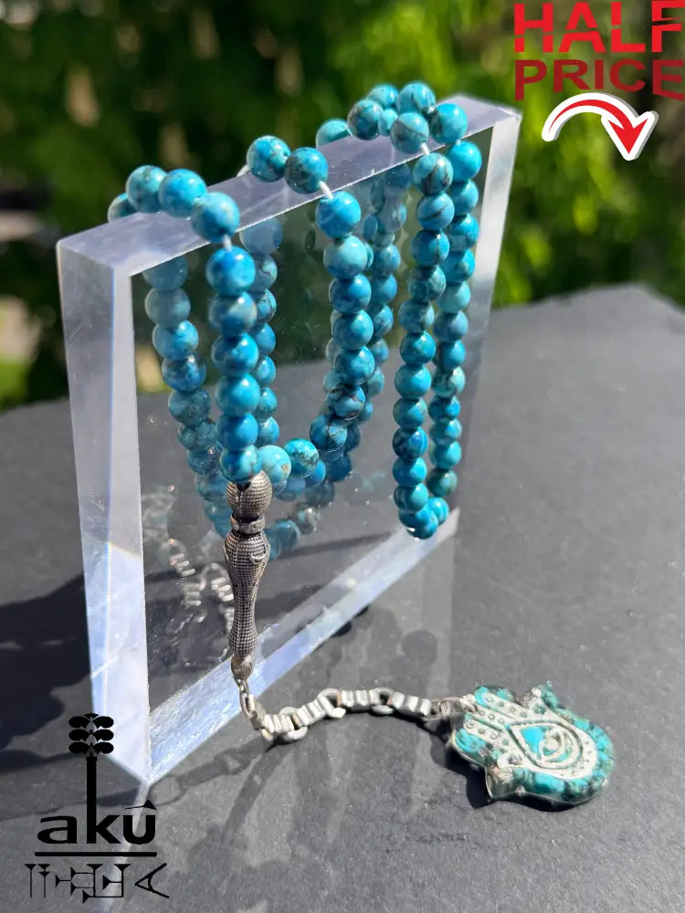Tuerkis Tasbih 99, Hamsa, islamisches Misbaha, 925er Silbere Quaste Halschakraenergie