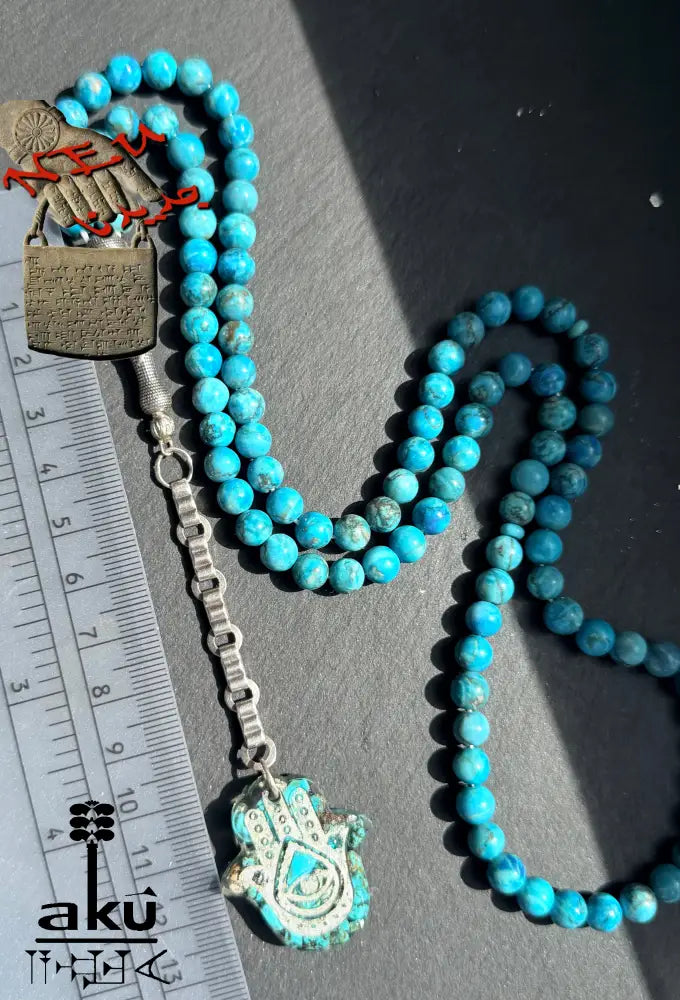 Tuerkis Tasbih 99, Hamsa, islamisches Misbaha, 925er Silbere Quaste Halschakraenergie