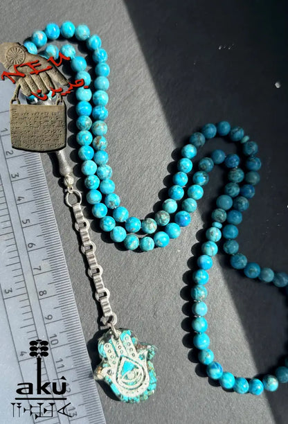 Tuerkis Tasbih 99, Hamsa, islamisches Misbaha, 925er Silbere Quaste Halschakraenergie