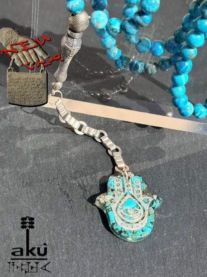 Tuerkis Tasbih 99, Hamsa, islamisches Misbaha, 925er Silbere Quaste Halschakraenergie