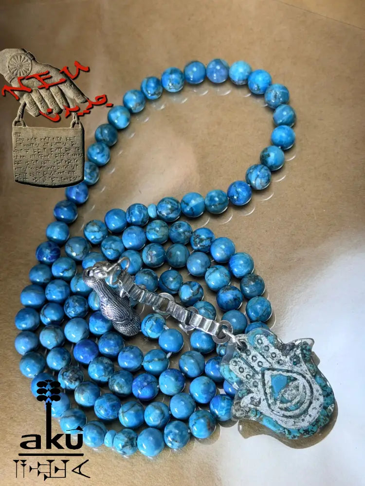 Tuerkis Tasbih 99, Hamsa, islamisches Misbaha, 925er Silbere Quaste Halschakraenergie