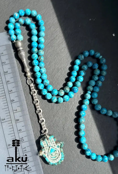Tuerkis Tasbih 99, Hamsa, islamisches Misbaha, 925er Silbere Quaste Halschakraenergie