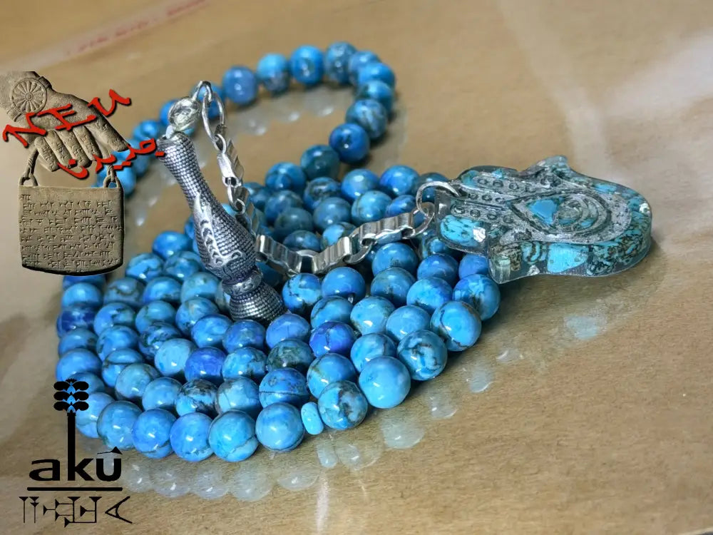 Tuerkis Tasbih 99, Hamsa, islamisches Misbaha, 925er Silbere Quaste Halschakraenergie