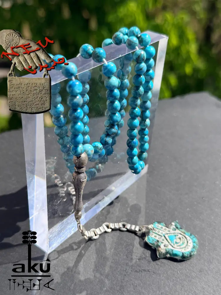 Tuerkis Tasbih 99, Hamsa, islamisches Misbaha, 925er Silbere Quaste Halschakraenergie