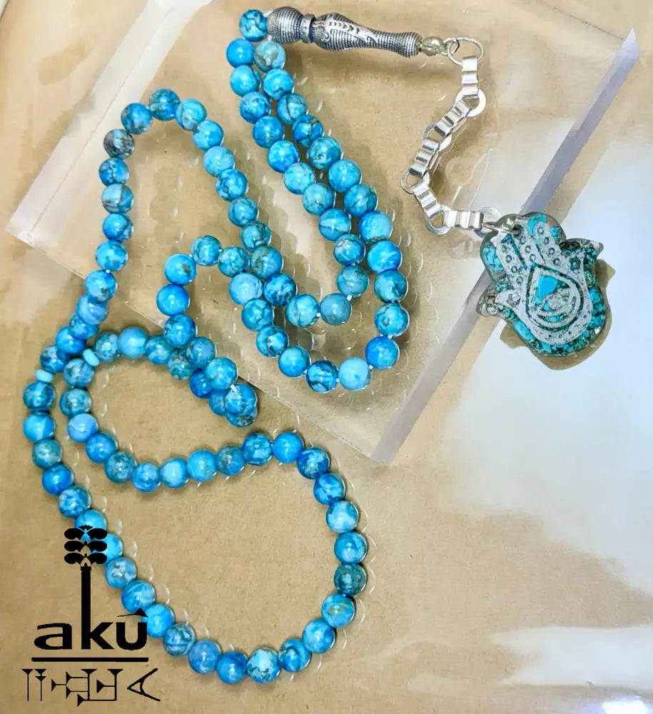 Tuerkis Tasbih 99, Hamsa, islamisches Misbaha, 925er Silbere Quaste Halschakraenergie