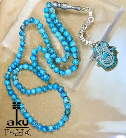 Tuerkis Tasbih 99, Hamsa, islamisches Misbaha, 925er Silbere Quaste Halschakraenergie