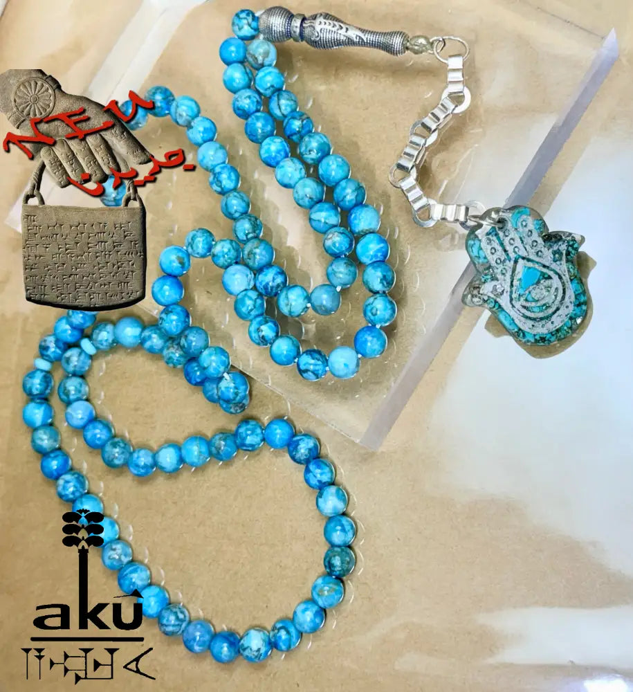 Tuerkis Tasbih 99, Hamsa, islamisches Misbaha, 925er Silbere Quaste Halschakraenergie