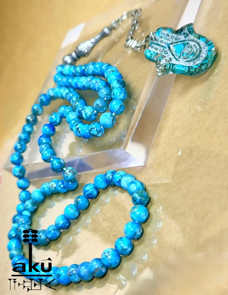 Tuerkis Tasbih 99, Hamsa, islamisches Misbaha, 925er Silbere Quaste Halschakraenergie