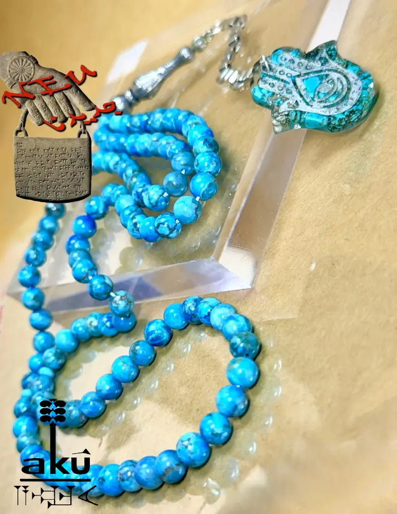 Tuerkis Tasbih 99, Hamsa, islamisches Misbaha, 925er Silbere Quaste Halschakraenergie