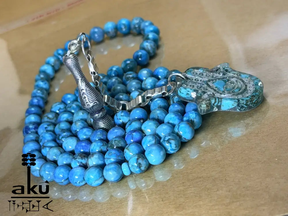 Tuerkis Tasbih 99, Hamsa, islamisches Misbaha, 925er Silbere Quaste Halschakraenergie