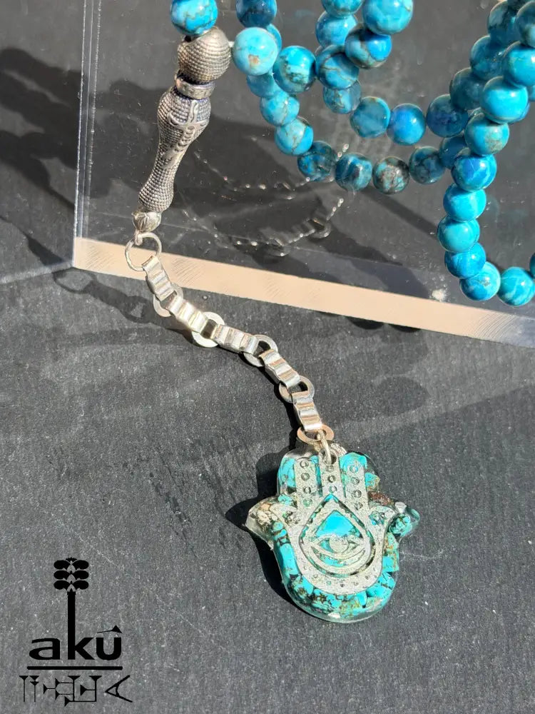 Tuerkis Tasbih 99, Hamsa, islamisches Misbaha, 925er Silbere Quaste Halschakraenergie