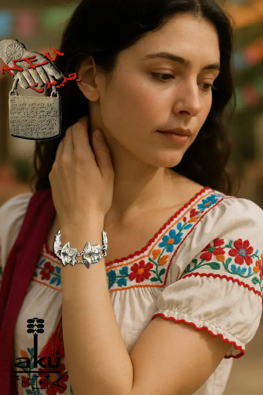 Vintage 835 Silberarmband aus Ecuador mit skulptierten Doppelface-Gliedern und oxidierter Oberfläche, inspiriert von lateinamerikanischer Volkskunst und traditionellen Festen – handgefertigtes ethnisches Schmuckstück, 19 cm lang, ca. 50 g, 835 punziert.
