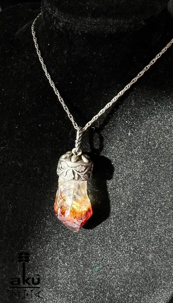 Vintage Citrin Anhänger mit Rohkristall in 835 Silber