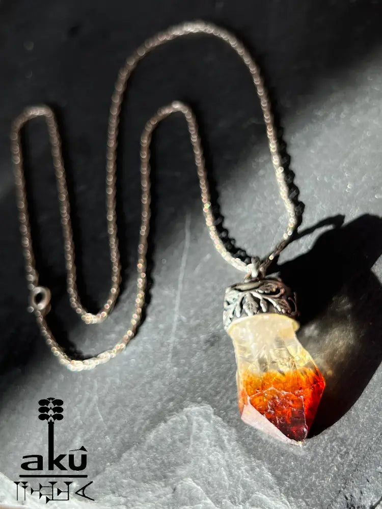 Vintage Halskette, Citrin Anhänger mit Rohkristall in 835 Silber