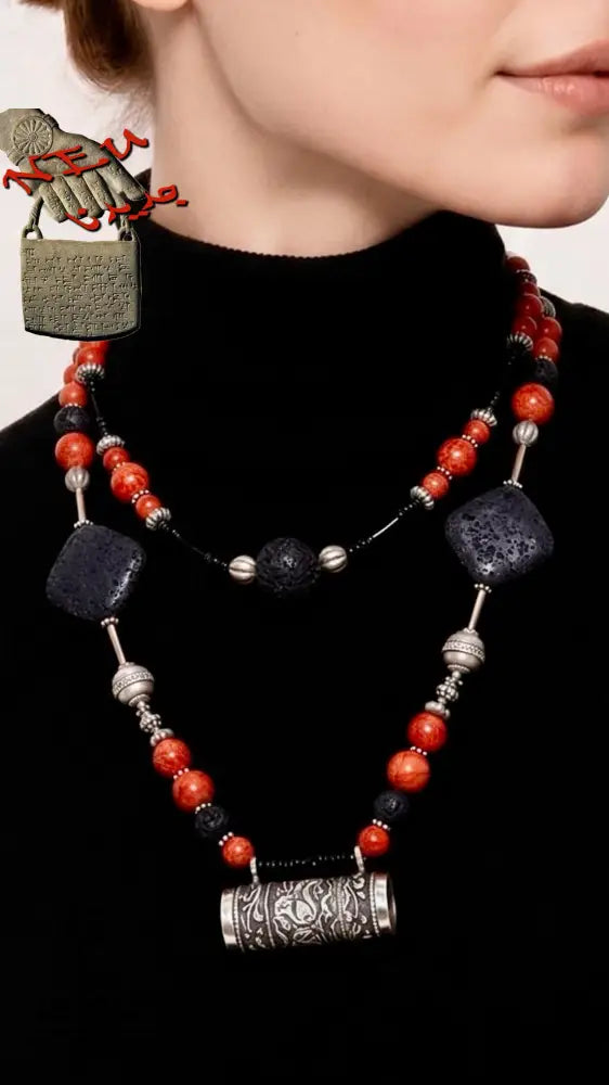 Ki Bild, Vintage Deryia Amulettkette aus 925 Silber, Koralle & Lava