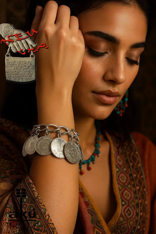 Boho-Armband mit echten Vintage-Münzen aus dem Orient & Europa. Silberfarbig, T-Stab-Verschluss, Unikat mit spiritueller Bedeutung.