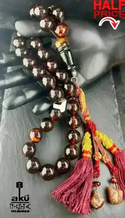 Vintage riesige Bernstein Tesbih 17mm rote Gebetskette AMBER Kehribar, islamische Misbaha - AkueShop