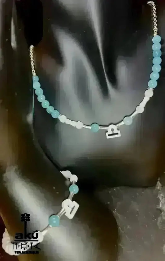 Waage Schmuckset 925er silber natürlichen Edelsteinen, Sternzeichen, Aquamarin und Perlmutt, Chakren, Reiki - Meditationsenergie Handgefertigt - AkueShop