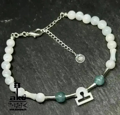 Waage Schmuckset 925er silber natürlichen Edelsteinen, Sternzeichen, Aquamarin und Perlmutt, Chakren, Reiki - Meditationsenergie Handgefertigt - AkueShop