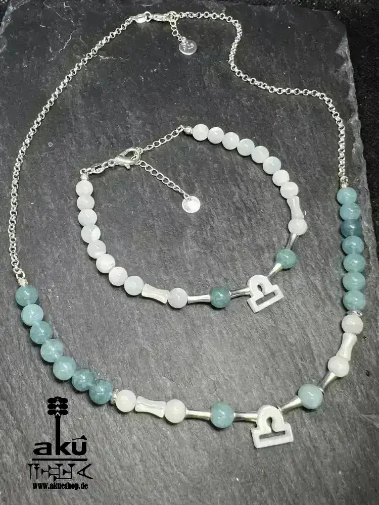 Waage Schmuckset 925er silber natürlichen Edelsteinen, Sternzeichen, Aquamarin und Perlmutt, Chakren, Reiki - Meditationsenergie Handgefertigt - AkueShop