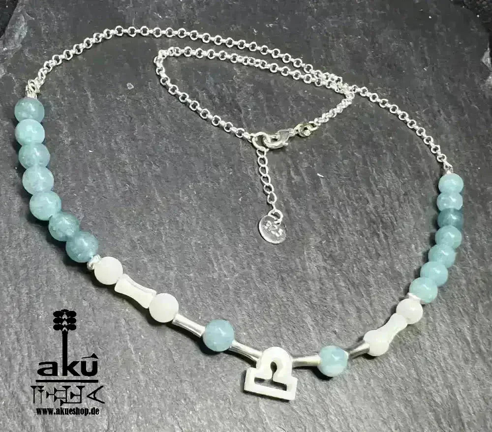 Waage Schmuckset 925er silber natürlichen Edelsteinen, Sternzeichen, Aquamarin und Perlmutt, Chakren, Reiki - Meditationsenergie Handgefertigt - AkueShop