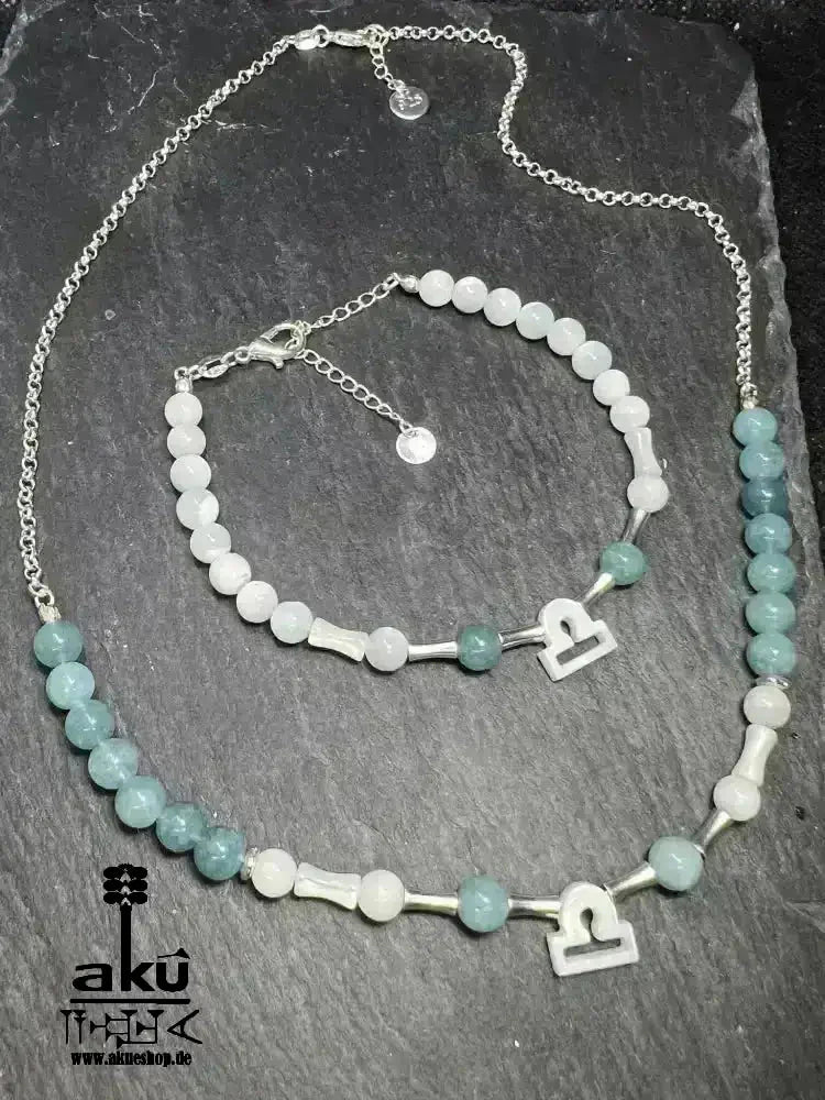 Waage Schmuckset 925er silber natürlichen Edelsteinen, Sternzeichen, Aquamarin und Perlmutt, Chakren, Reiki - Meditationsenergie Handgefertigt - AkueShop
