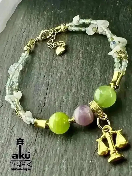 Waage Sternzeichen Glückskristalle Armband, natürliche Edelsteine Aquamarin Mondstein Aventurin Peridot Amethyst Reiki Chakren Meditationsenergie - AkueShop