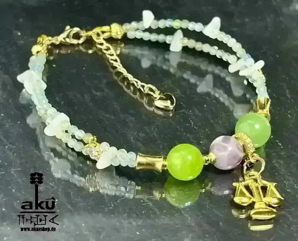 Waage Sternzeichen Glückskristalle Armband, natürliche Edelsteine Aquamarin Mondstein Aventurin Peridot Amethyst Reiki Chakren Meditationsenergie - AkueShop